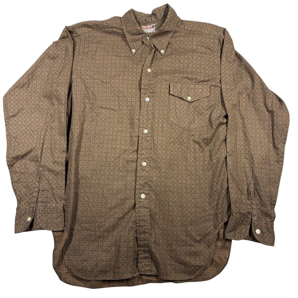 Vintage McGregor 765 Shirt Mens ML 16 Brown Geometric Print Button Down 50s 60s